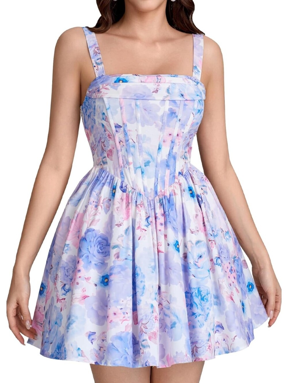 NWT Floral Corset Lace Up Back Fit & Fare Mini Dress In White/Blue/Purple